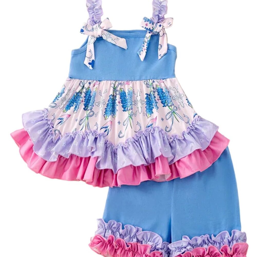 4-6 Bluebonnet Ruffle Top & Short Two Piece Set - Picture 1 of 4